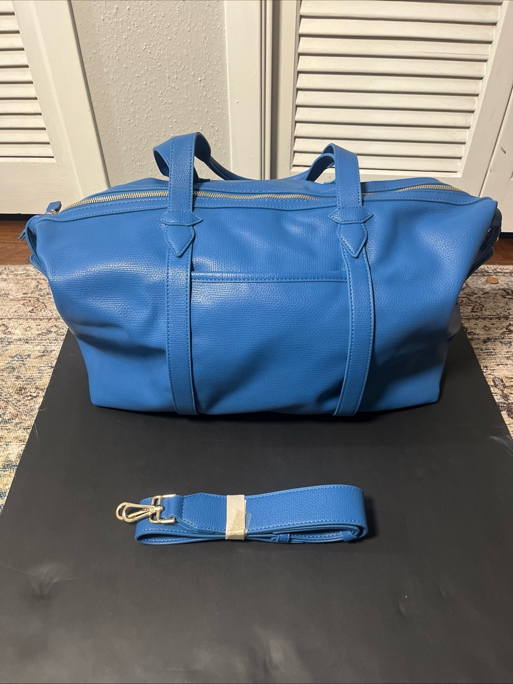 Bright Blue Leather Duffel Bag with Removable Strap